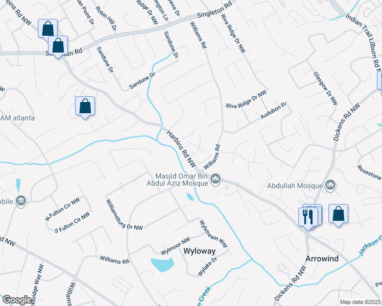 map of restaurants, bars, coffee shops, grocery stores, and more near 1012 Harbins Road Northwest in Norcross