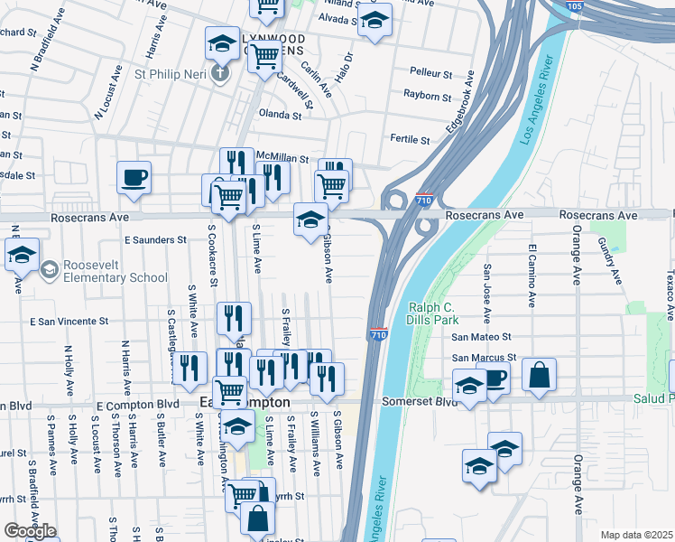 map of restaurants, bars, coffee shops, grocery stores, and more near 14512 South Gibson Avenue in Compton