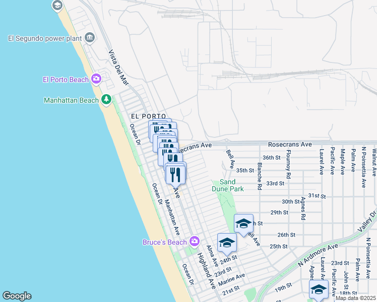 map of restaurants, bars, coffee shops, grocery stores, and more near 440 Rosecrans Avenue in Manhattan Beach