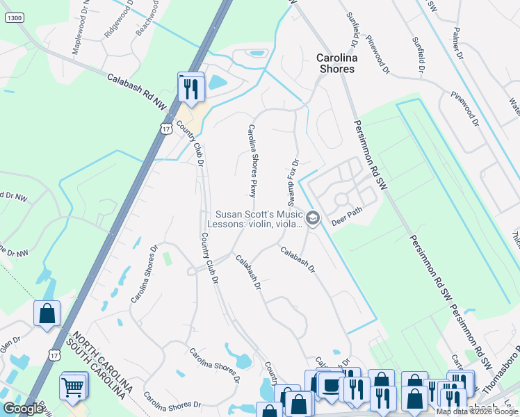 map of restaurants, bars, coffee shops, grocery stores, and more near 18 Carolina Shores Parkway in Carolina Shores