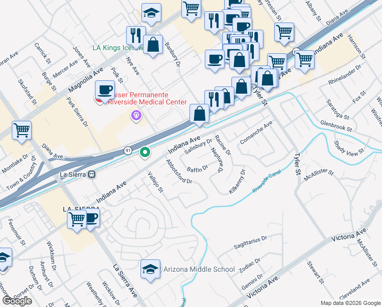 map of restaurants, bars, coffee shops, grocery stores, and more near 10636 Salisbury Drive in Riverside