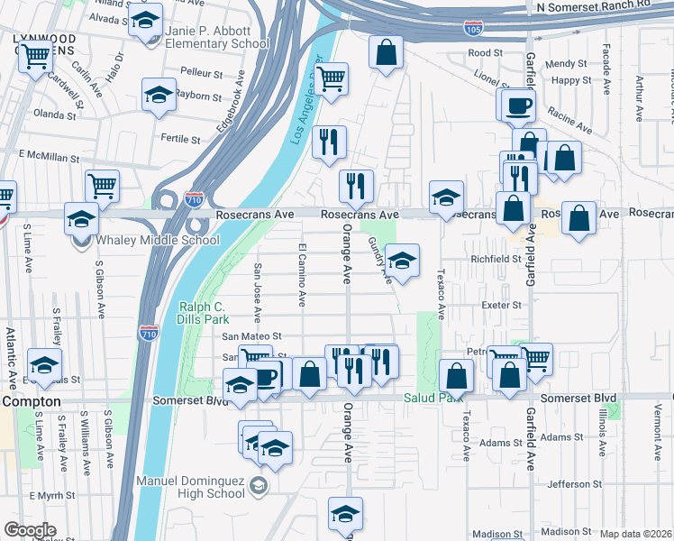 map of restaurants, bars, coffee shops, grocery stores, and more near 14518 Orange Avenue in Paramount
