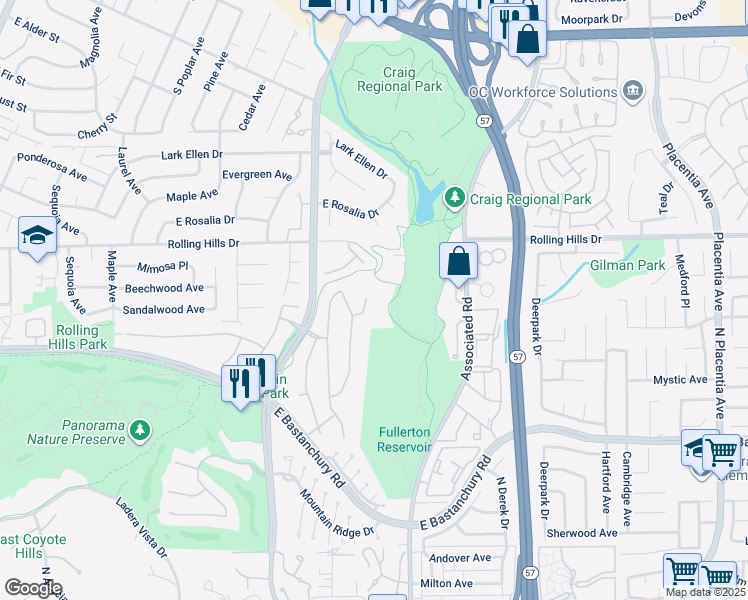 map of restaurants, bars, coffee shops, grocery stores, and more near 2670 Belinda Court in Fullerton
