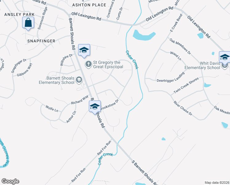map of restaurants, bars, coffee shops, grocery stores, and more near 185 Pebble Creek Drive in Athens
