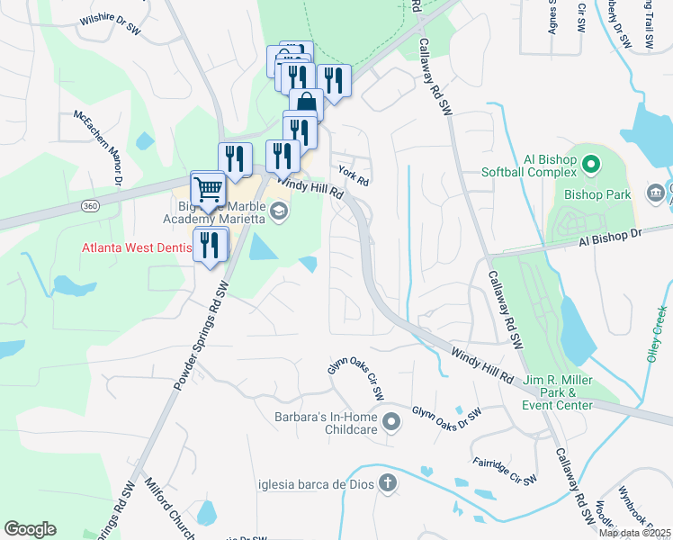 map of restaurants, bars, coffee shops, grocery stores, and more near 728 Shady Lane in Marietta