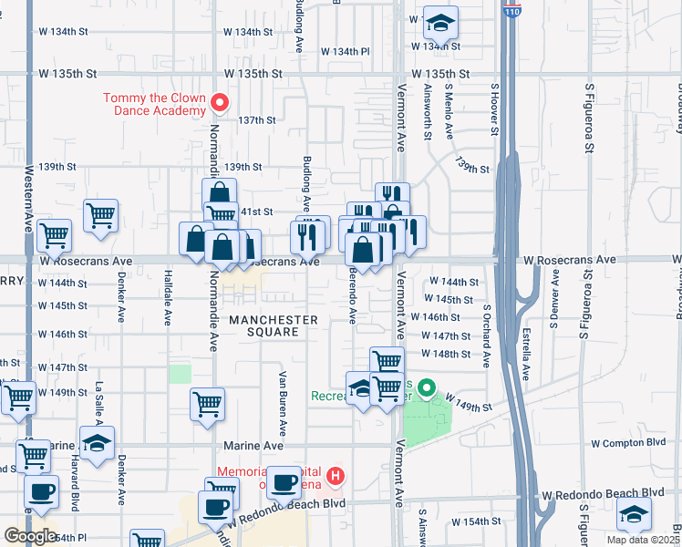 map of restaurants, bars, coffee shops, grocery stores, and more near 1122 Rosecrans Avenue in Gardena