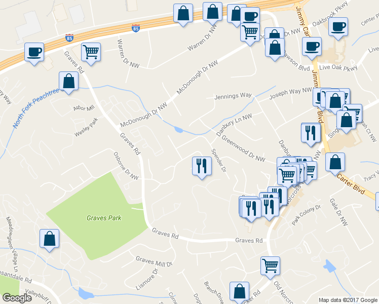 map of restaurants, bars, coffee shops, grocery stores, and more near 6459 East Windsor Lane in Norcross