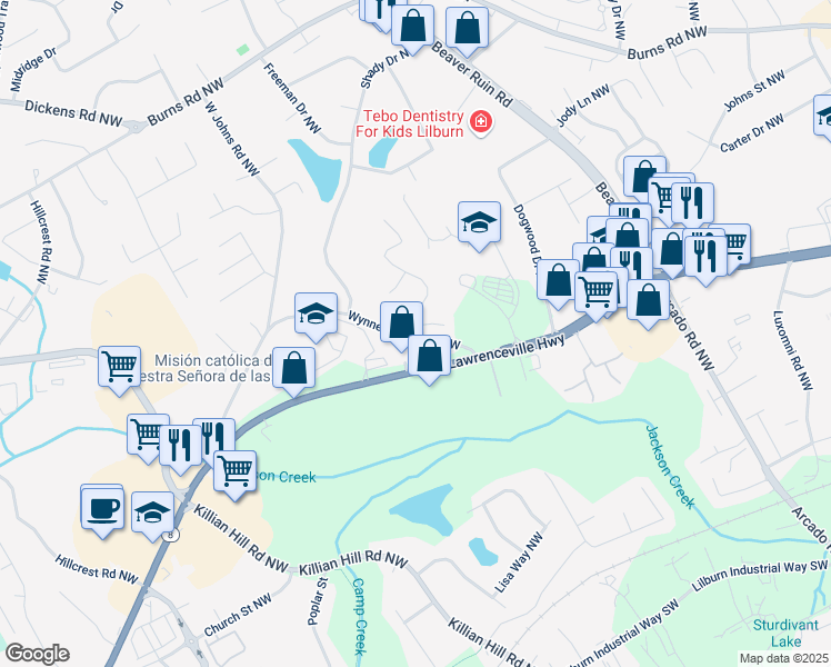map of restaurants, bars, coffee shops, grocery stores, and more near 464 Harvard Drive Northwest in Lilburn