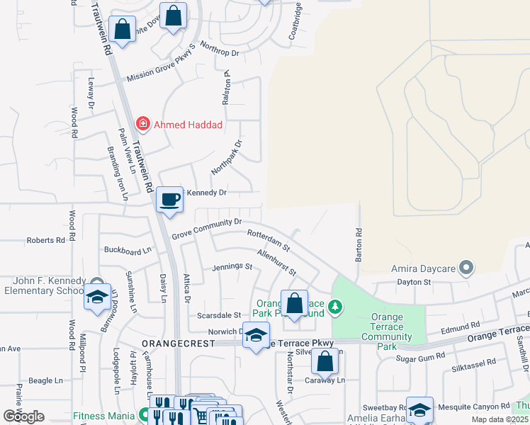map of restaurants, bars, coffee shops, grocery stores, and more near 8250 Entrefina Way in Riverside