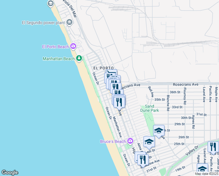 map of restaurants, bars, coffee shops, grocery stores, and more near 228 38th Street in Manhattan Beach