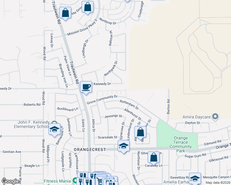 map of restaurants, bars, coffee shops, grocery stores, and more near 19503 Fortunello Avenue in Riverside