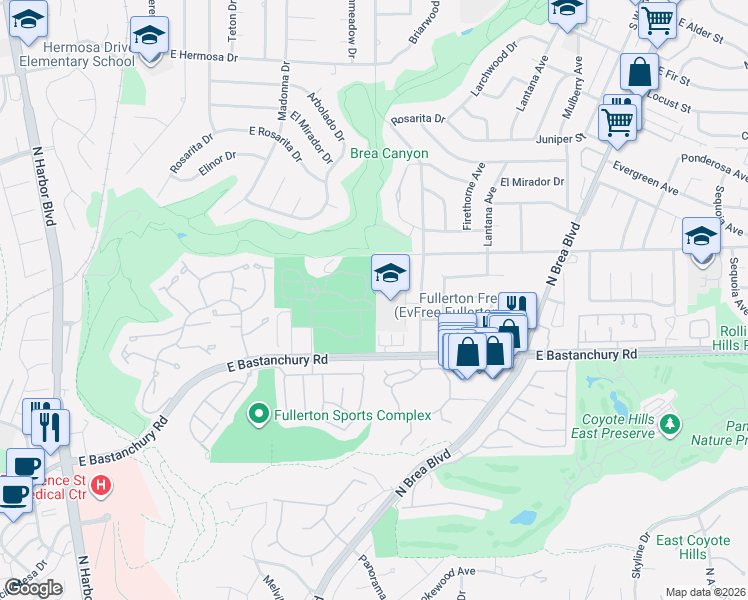 map of restaurants, bars, coffee shops, grocery stores, and more near in Fullerton