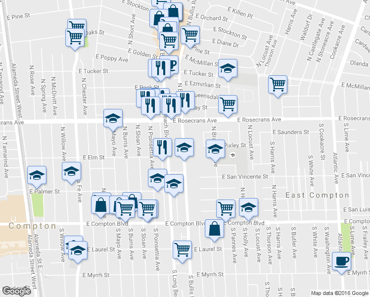 map of restaurants, bars, coffee shops, grocery stores, and more near 714 North Bullis Road in Compton