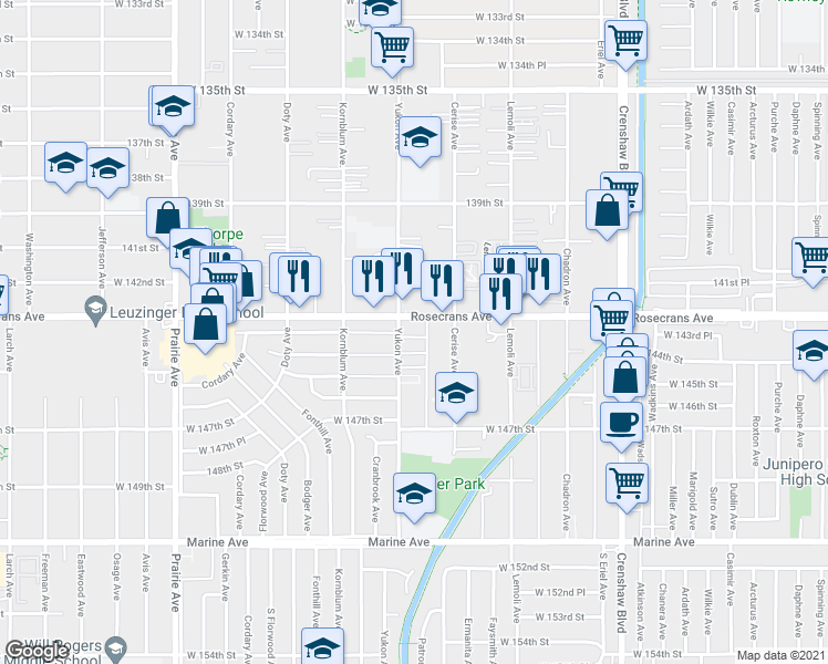 map of restaurants, bars, coffee shops, grocery stores, and more near 3550 Rosecrans Avenue in Hawthorne