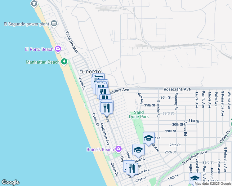 map of restaurants, bars, coffee shops, grocery stores, and more near 426 Rosecrans Avenue in Manhattan Beach