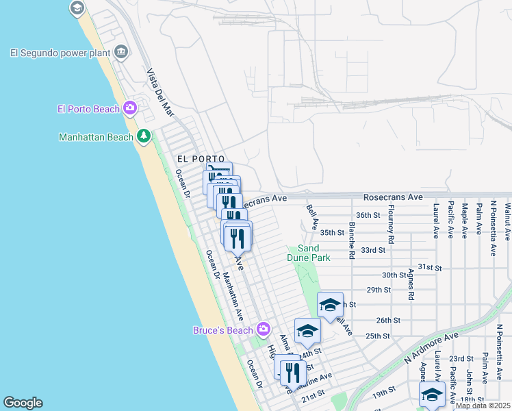 map of restaurants, bars, coffee shops, grocery stores, and more near 426 Rosecrans Avenue in Manhattan Beach