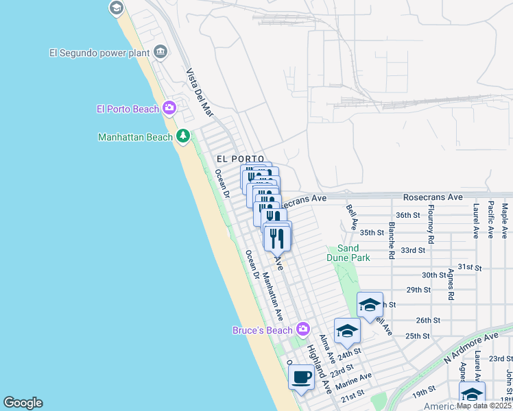 map of restaurants, bars, coffee shops, grocery stores, and more near 3770 Highland Avenue in Manhattan Beach