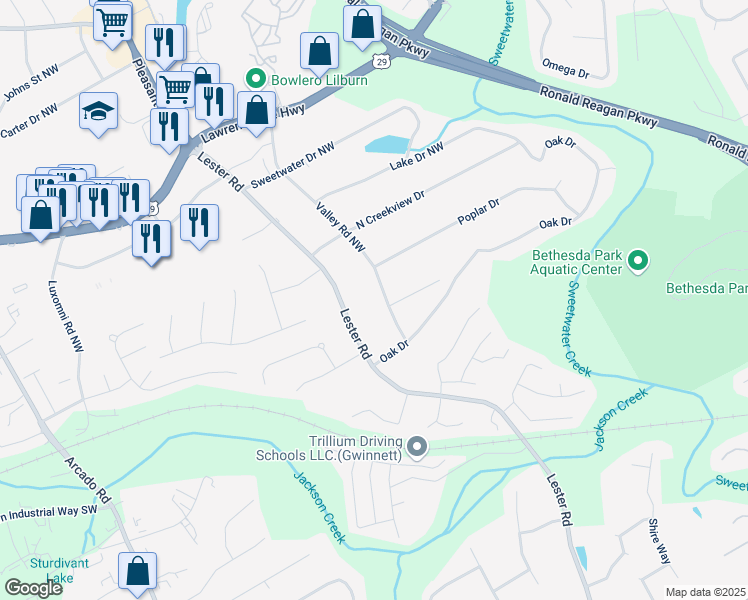 map of restaurants, bars, coffee shops, grocery stores, and more near 87 Valley Road Northwest in Lawrenceville