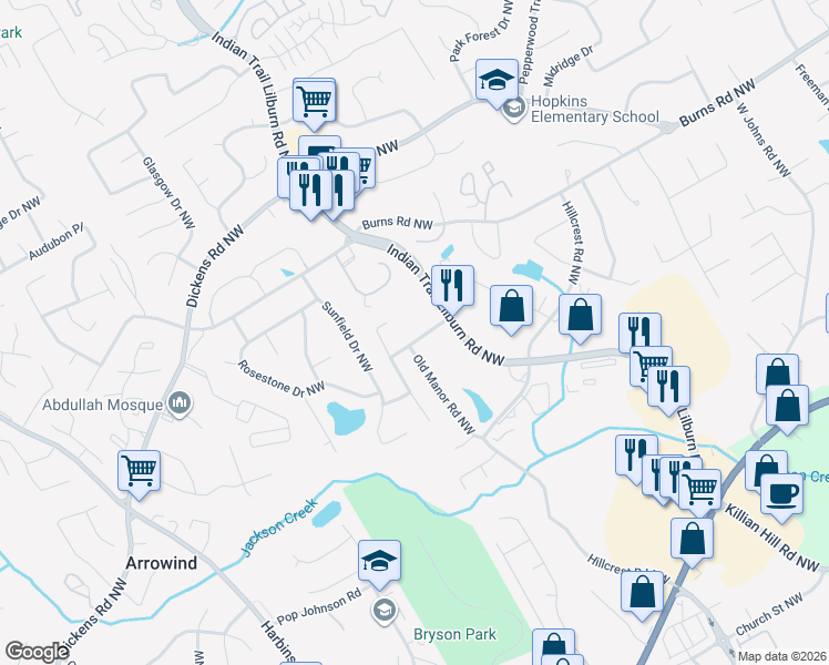 map of restaurants, bars, coffee shops, grocery stores, and more near 4957 Lake Ridge Trail Northwest in Lilburn