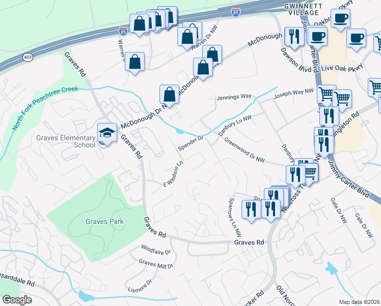 map of restaurants, bars, coffee shops, grocery stores, and more near 6459 East Windsor Lane in Norcross