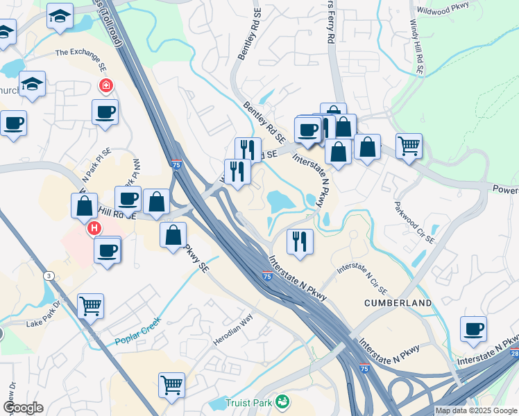 map of restaurants, bars, coffee shops, grocery stores, and more near 2225 Interstate North Parkway West in Atlanta