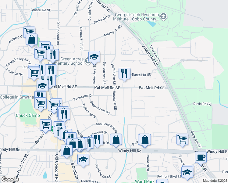 map of restaurants, bars, coffee shops, grocery stores, and more near 702 Pat Mell Road Southeast in Smyrna