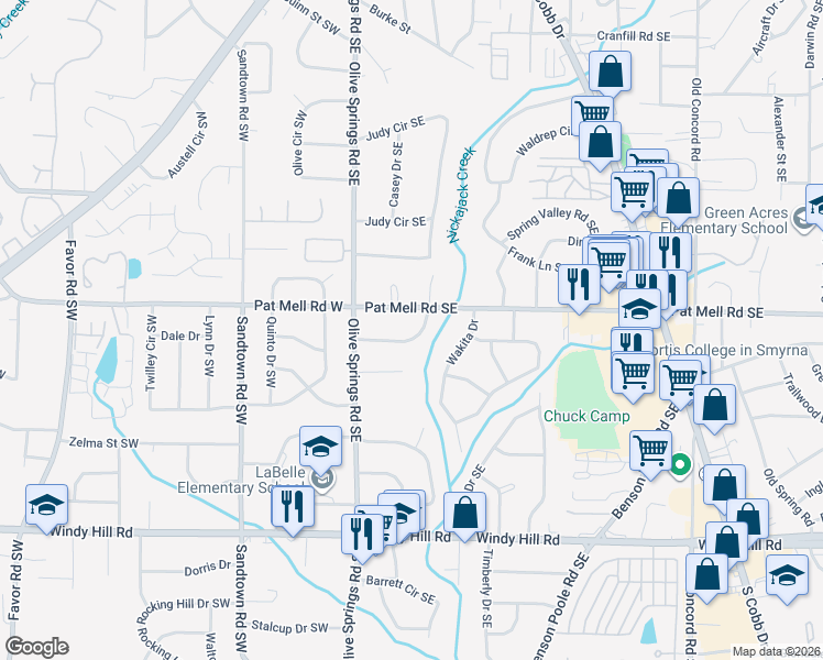 map of restaurants, bars, coffee shops, grocery stores, and more near 98 Peachtree Circle Southeast in Marietta