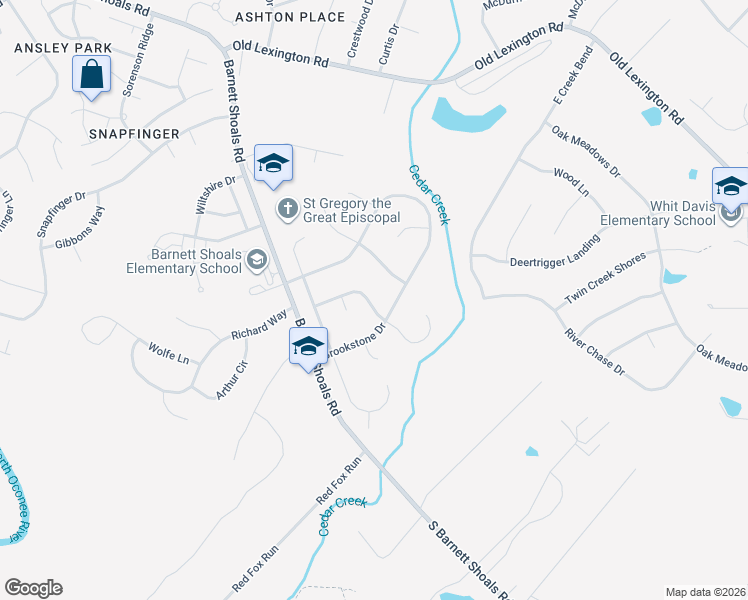 map of restaurants, bars, coffee shops, grocery stores, and more near 185 Pebble Creek Drive in Athens