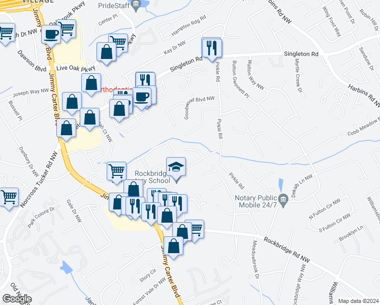 map of restaurants, bars, coffee shops, grocery stores, and more near 1356 Bridgeson Court in Norcross