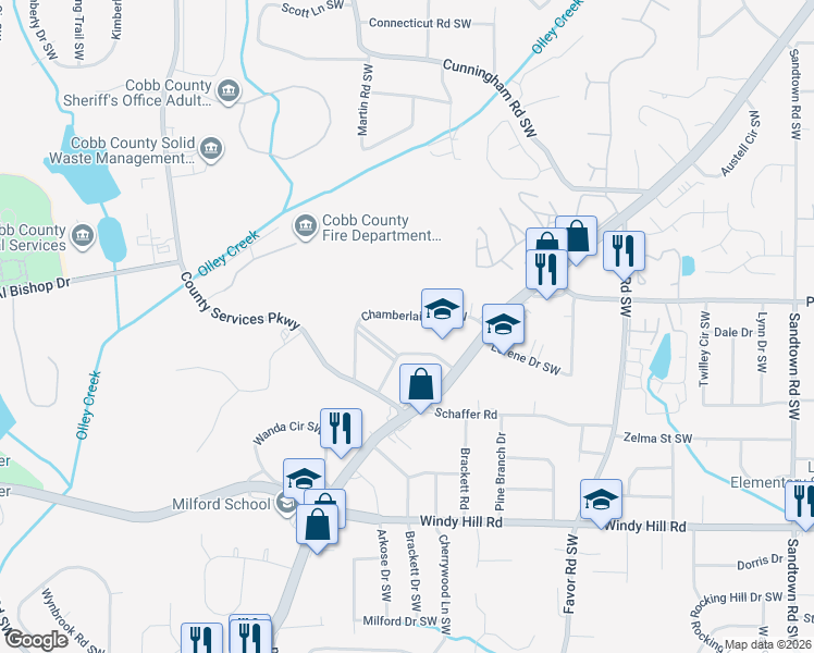 map of restaurants, bars, coffee shops, grocery stores, and more near 683 Chamberlain Circle Southwest in Marietta