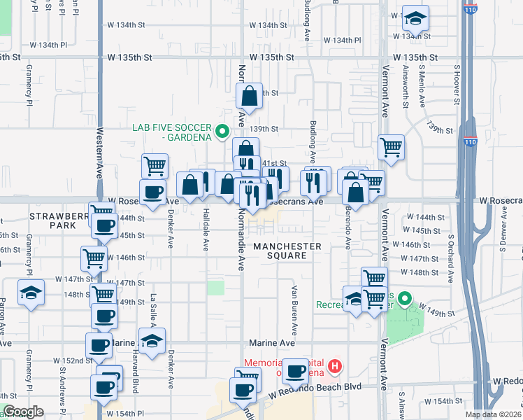 map of restaurants, bars, coffee shops, grocery stores, and more near 1310 Rosecrans Avenue in Gardena