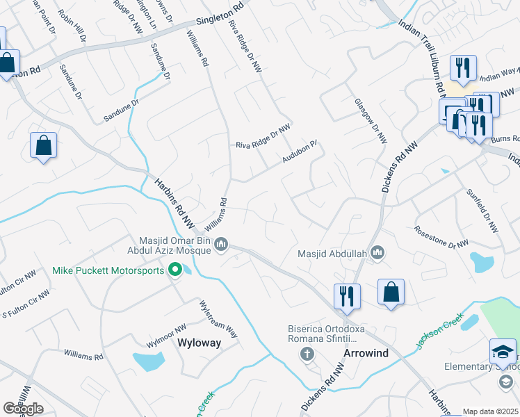 map of restaurants, bars, coffee shops, grocery stores, and more near 947 Amberly Drive in Norcross