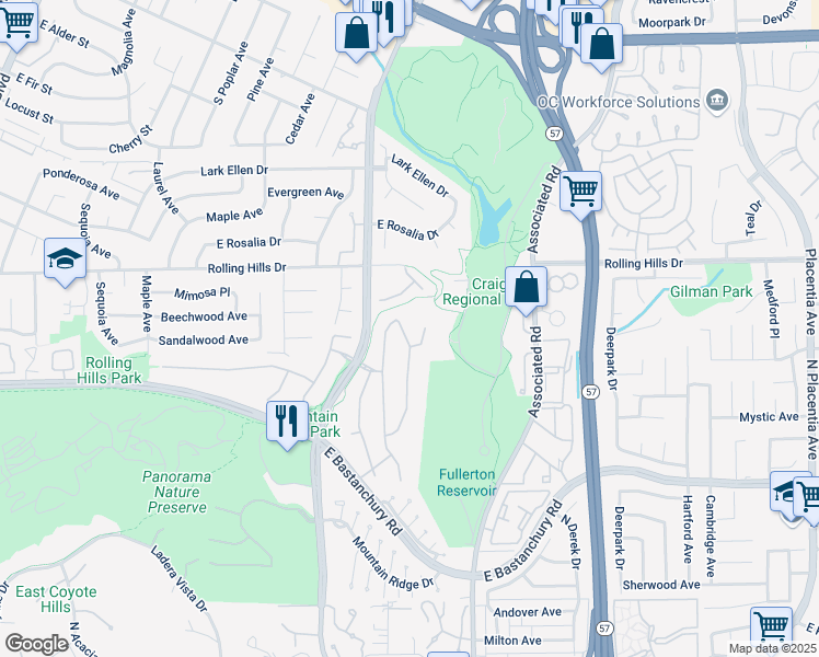 map of restaurants, bars, coffee shops, grocery stores, and more near 2650 Saratoga Drive in Fullerton