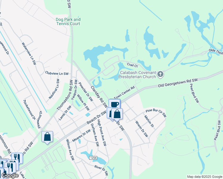 map of restaurants, bars, coffee shops, grocery stores, and more near 7112 Town Center Road in Sunset Beach