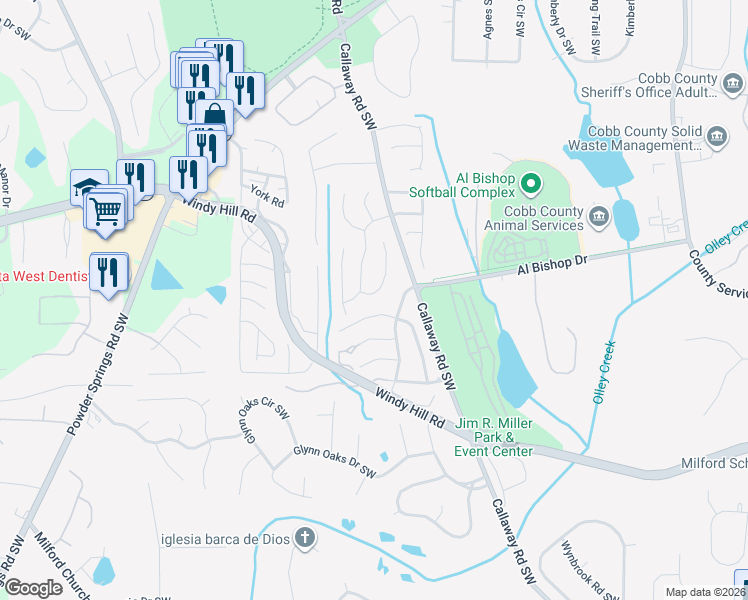 map of restaurants, bars, coffee shops, grocery stores, and more near 2027 Santenay Dr S W in Marietta