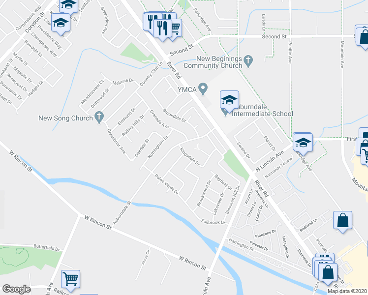 map of restaurants, bars, coffee shops, grocery stores, and more near 1291 Kingsdale Drive in Corona