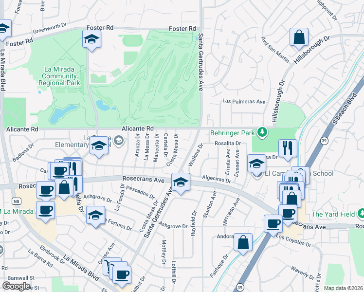 map of restaurants, bars, coffee shops, grocery stores, and more near 15713 Orsa Drive in La Mirada