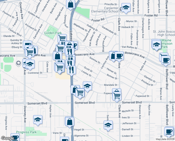map of restaurants, bars, coffee shops, grocery stores, and more near 9054 Scott Street in Bellflower