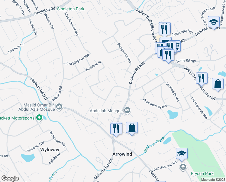 map of restaurants, bars, coffee shops, grocery stores, and more near 5208 Stafford Drive Northwest in Lilburn