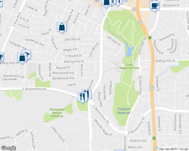 map of restaurants, bars, coffee shops, grocery stores, and more near 2607 Taft Court in Fullerton
