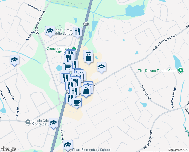 map of restaurants, bars, coffee shops, grocery stores, and more near 1375 Webb Gin House Road in Lawrenceville