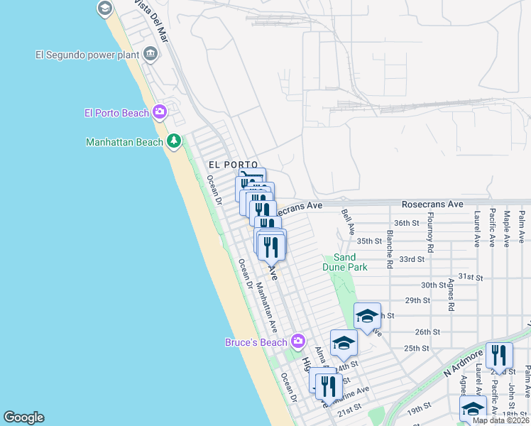 map of restaurants, bars, coffee shops, grocery stores, and more near 3770 Highland Avenue in Manhattan Beach