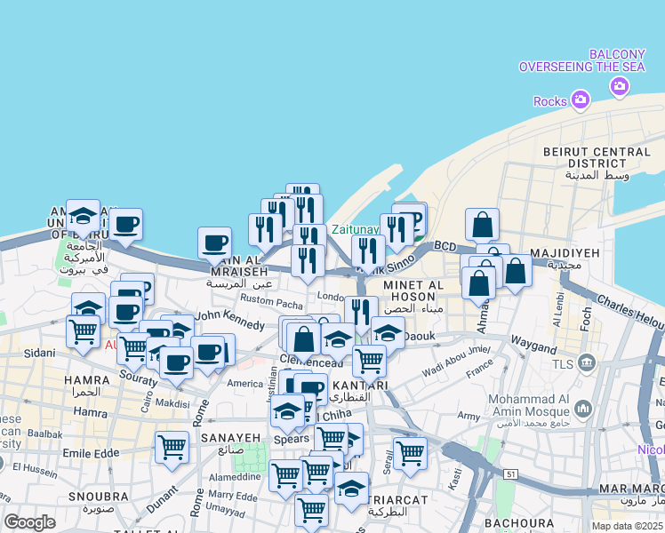 map of restaurants, bars, coffee shops, grocery stores, and more near Ahmad Shawki in Bayrut