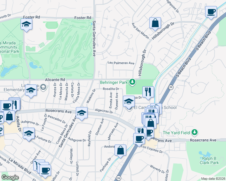 map of restaurants, bars, coffee shops, grocery stores, and more near 15932 Rosalita Drive in La Mirada