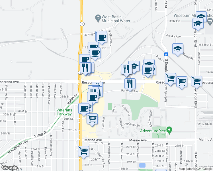 map of restaurants, bars, coffee shops, grocery stores, and more near 1230 Rosecrans Avenue in Manhattan Beach