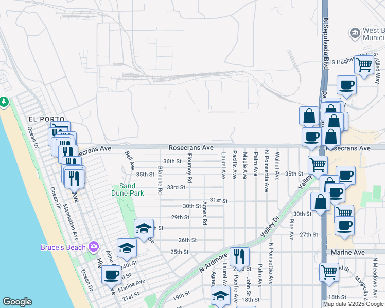 map of restaurants, bars, coffee shops, grocery stores, and more near 702 36th Place in Manhattan Beach