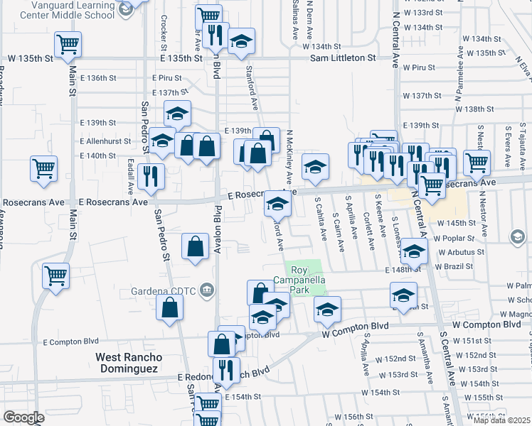map of restaurants, bars, coffee shops, grocery stores, and more near 732 East Charron Place in Compton