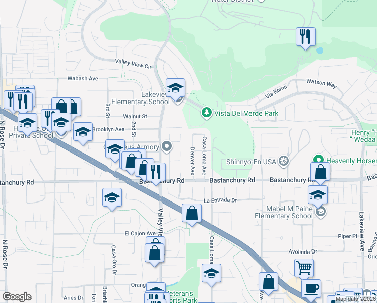 map of restaurants, bars, coffee shops, grocery stores, and more near 4121 Denver Avenue in Yorba Linda