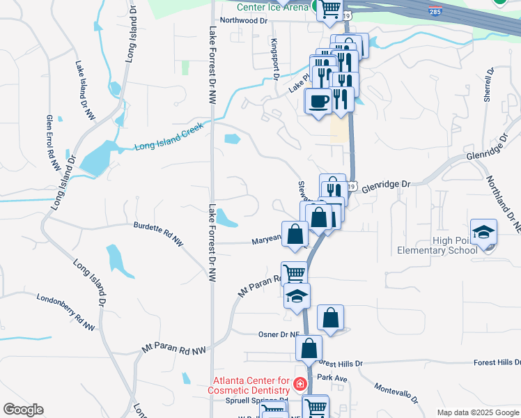 map of restaurants, bars, coffee shops, grocery stores, and more near 800 Lake Summit Drive in Atlanta