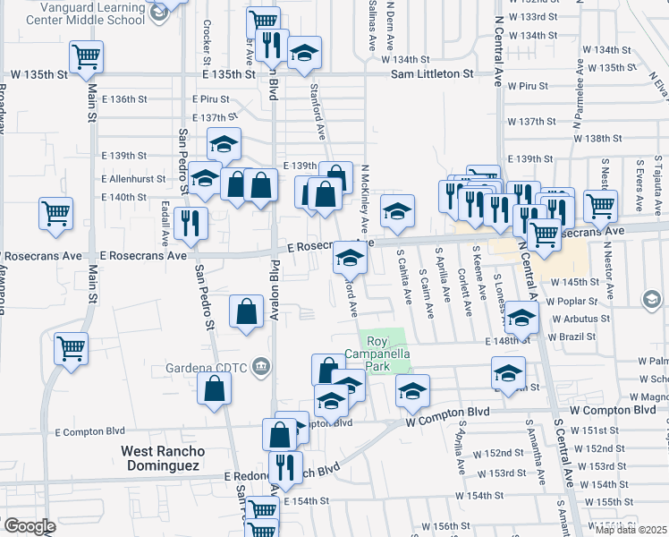 map of restaurants, bars, coffee shops, grocery stores, and more near 732 East Charron Place in Compton